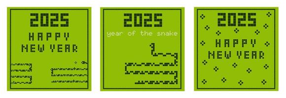 2025 Happy New Year square cards. Set of Year of the snake background in retro pixel art style. Old fashioned phone game concepts for new year celebration. vector