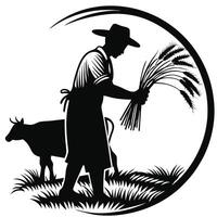 Farmer with wheat and cow vector