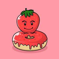 donut with strawberry flavor. donut and fruit combination icon. Food and drink concept icon isolated in flat cartoon style vector