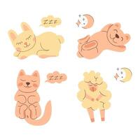 Set with four cute sleeping animal characters. Color flat illustration. vector