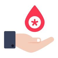 Droplet on hand showcasing blood donation icon vector