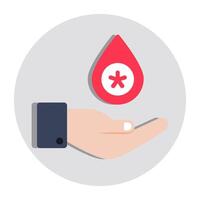Droplet on hand showcasing blood donation icon vector