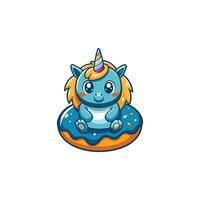 Cute Unicorn Sitting On Doughnut Cartoon Icon Illustration. vector