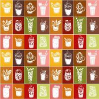 pattern with multicolored drinks in a square. Seamless texture of drinks for bar, restaurant. Glasses arranged in rows. Silhouettes of glasses in geometric shape. Printing for menu packaging, paper vector