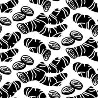 ginger root pattern, whole and pieces. Culinary seasonings and spices, hand-drawn. Seamless root, chaotic. A repeating texture in black silhouette on a white. Seasonings, spices, and food additives vector