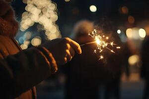 a group of people holding sparklers. Sparkler are thin sticks coated with a flammable substance that burns slowly, producing a shower of bright sparks. photo