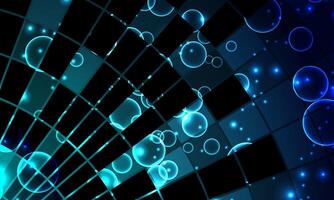 Abstract perspective squares blue background. Mosaic shiny light with bubbles. futuristic dimension technology. vector