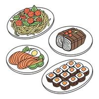 A set of plates with various types of food vector