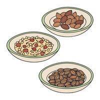 Assorted Dry Food in Bowls with Nuts, Seeds and Almonds vector