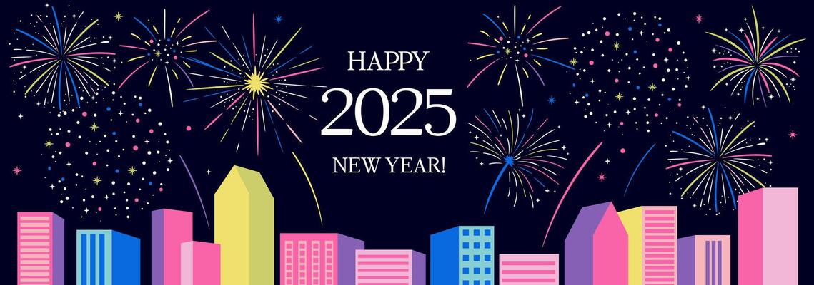 2025 Happy New Year. Colorful fireworks on the sky and city landscape background. Holiday banner template.