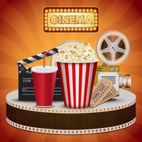 Realistic popcorn on orange background, popcorn concept in cinema and entertainment in cinema. 3D popcorn for Poster design, advertisement, web banner, billboard and etc. vector