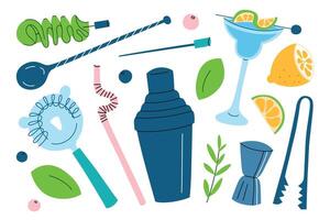 illustration set of cocktail tools with shaker, jigger, spoon, strainer, and garnishes like lemon and herbs. Flat cartoon style for bartending, mixology, and drink preparation themes, vector