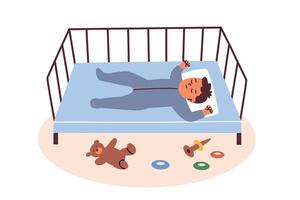 illustration of sleeping baby in crib, toys, teddy bear and ring stacker lying on the floor. Baby boy character in cartoon style, flat design, ideal for themes of childhood, sleep, parenting vector