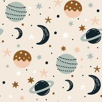 Cute cartoon seamless pattern with planets, stars and moons. illustration in flat style on light background vector