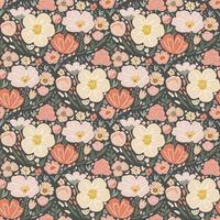 Seamless pattern with cute delicate small flowers, leaves and twigs, illustration in flat style vector