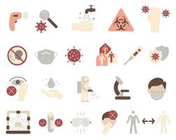 Colored icons related to the virus and its treatment. Preventing the spread of the virus. Virus and its treatment. vector