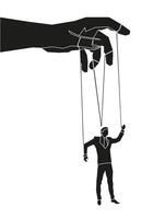 Exploitation of dominance by the employer or manipulator of power. Puppet master hands control puppets. vector