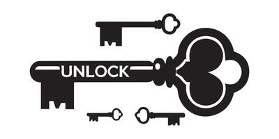 A simple, black and white graphic of a decorative antique key with the word UNLOCK displayed prominently. vector