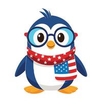 Charming penguin in glasses with a USA flag scarf on a white background. vector