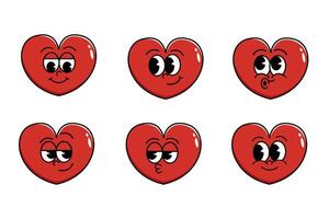 Cheerful happy heart character in trendy retro style of 60s 70s. Love concept. Happy Valentine's Day. Cute set of emoji retro expressions. vector