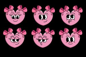 Heart pink character with bows, with different emotions in old cartoon style. Cute emoji set. Retro facial expressions set. vector