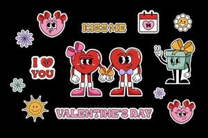 Set of cool stickers for Valentine's Day. Set of cool characters of hearts and phrases for Valentine's Day for design of greeting cards and posters. retro cartoon style. vector