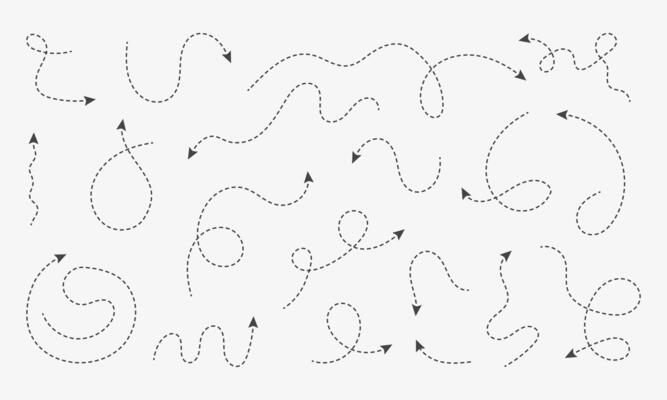 Set of dash arrows. Squiggle line arrows moving up and down. Left and right direction. Infographic elements