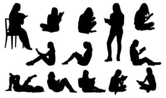 Reading book woman silhouettes set vector