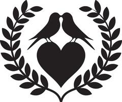 Two romantic lovebirds perched on a heart, gracefully surrounded by a wreath of elegant laurel leaves. vector