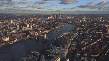 Aerial View of Tower Bridge and London Skyline at Golden Hour video