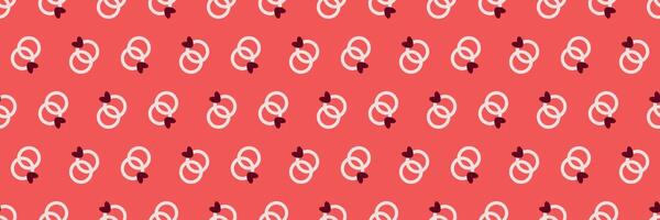 Romantic Linked Rings Pattern with Hearts on Coral Red Background. Valentines Day seamless pattern Long horizontal web cover banner, sale header, voucher template. Wedding, packaging, wrapping paper, vector