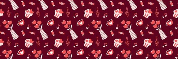 Cozy Romantic Pattern with Tulips, Cupcakes, and Musical Notes on Burgundy Valentines Day seamless pattern Long horizontal web cover banner, sale header, voucher template. Wedding, packaging, wrapping vector