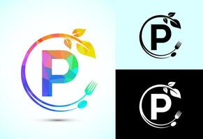 Initial alphabet P with a fork, spoon, and leaf. Healthy natural food logo concept vector
