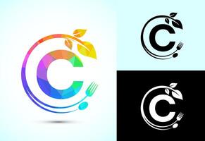 Initial alphabet C with a fork, spoon, and leaf. Healthy natural food logo concept vector