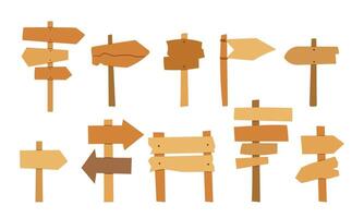 Wooden sign and signboards. Cartoon game arrow, board panel. set of wood rectangles and squares shaped wood planks hanging by ropes, adorned with nails, rustic interface. vector