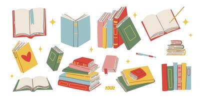 Cute colorful book collection. Set of different stacks and piles of books, open and closed books. Educational theme, scientific and fiction literature. illustration isolated on white background vector
