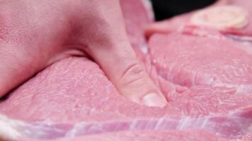 A professional massage therapist massages a piece of beef. Kneading and massaging a steak before grilling. Demonstrating the effect of massage on muscles video