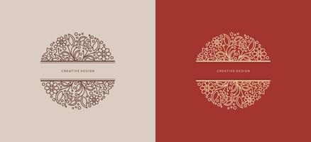 Creative simple design template with space for text, frame of flowers and leaves in round shape vector