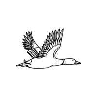 A black and white drawing of a duck flying vector