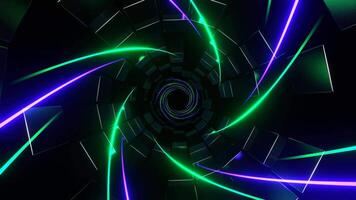 Purple and Turquoise Spiral Neon Lines in Tunnel of Squares Background VJ Loop in 4K video