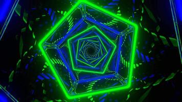 Green and Blue Neon Pentagon Mirror Tunnel Background VJ Loop in 4K video