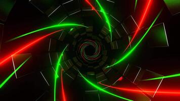 Red and Green Spiral Neon Lines in Tunnel of Squares Background VJ Loop in 4K video