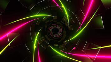 Pink and Light Green Spiral Neon Lines in Tunnel of Squares Background VJ Loop in 4K video