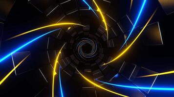 Blue and Yellow Spiral Neon Lines in Tunnel of Squares Background VJ Loop in 4K video