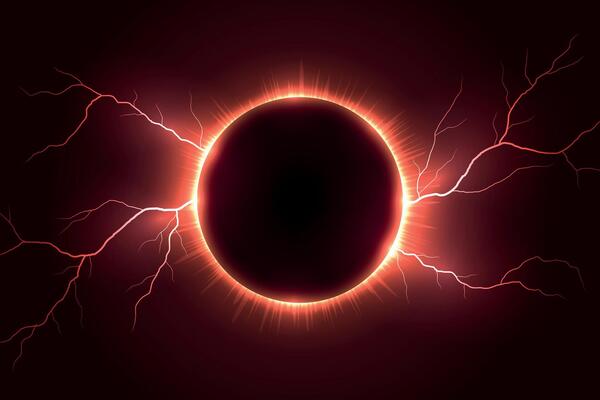 Fiery Solar Eclipse with Radiant Red Lightning