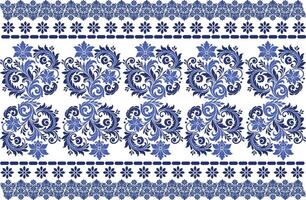 blue seamless floral pattern with blooming tulips, leafy vines, and a decorative border design for textile background, fabric prints, and classic pattern designs vector