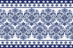 blue seamless floral design with ornate tulip shapes and detailed leaf patterns featuring a classic border for fabric background, textile design, and chic fashion prints vector