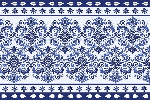 blue seamless floral design with ornate tulip shapes and detailed leaf patterns featuring a classic border for fabric background, textile design, and chic fashion prints