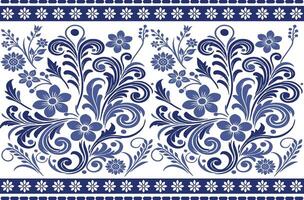blue seamless floral pattern with detailed tulip and leaf elements with a traditional border design for fabric, textile background, and elegant fashion prints vector