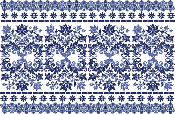 blue seamless floral pattern with vibrant tulip blooms, flowing leaf patterns, and a traditional border design for fabric background, textile designs, and timeless print patterns